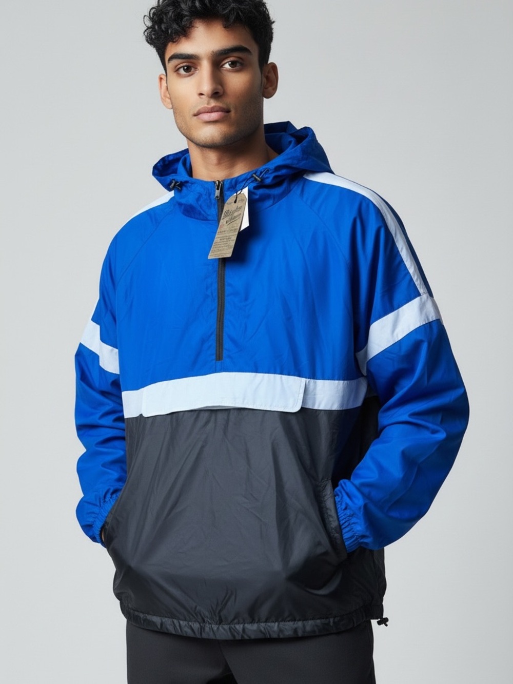 Blue and Black Hooded Pullover Windbreaker with White Accents